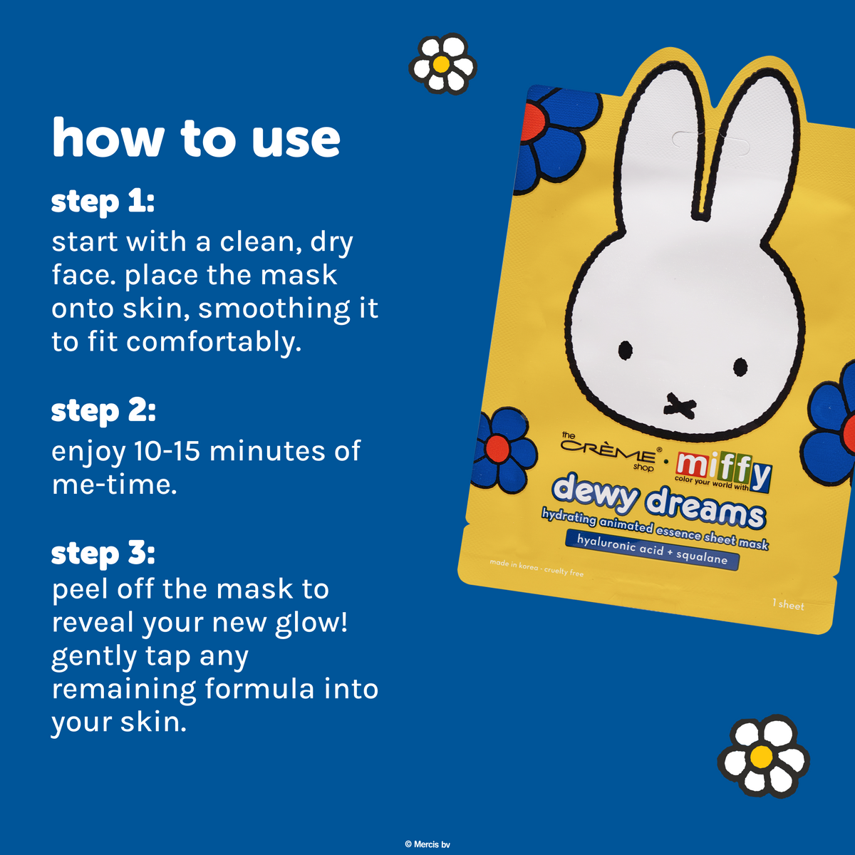 Miffy Dewy Dreams Animated Sheet Mask — mask pouch with 10–15 minute application and aftercare directions