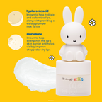 Miffy Lip Balm — Magnificent Marshmallow — Miffy jar and white balm swatch with hyaluronic acid and murumuru information