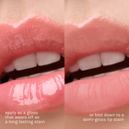 Miffy Glossy Lip Stain — glossy application and blotted stain finishes shown side by side