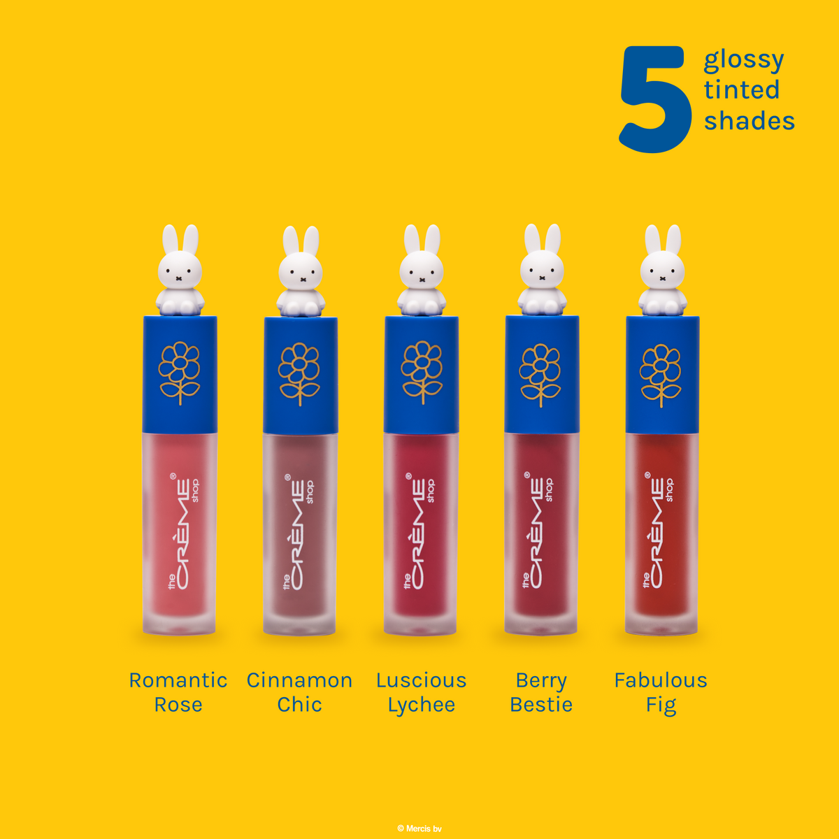 Miffy Glossy Lip Stain — five Miffy lip stain tubes with shade names