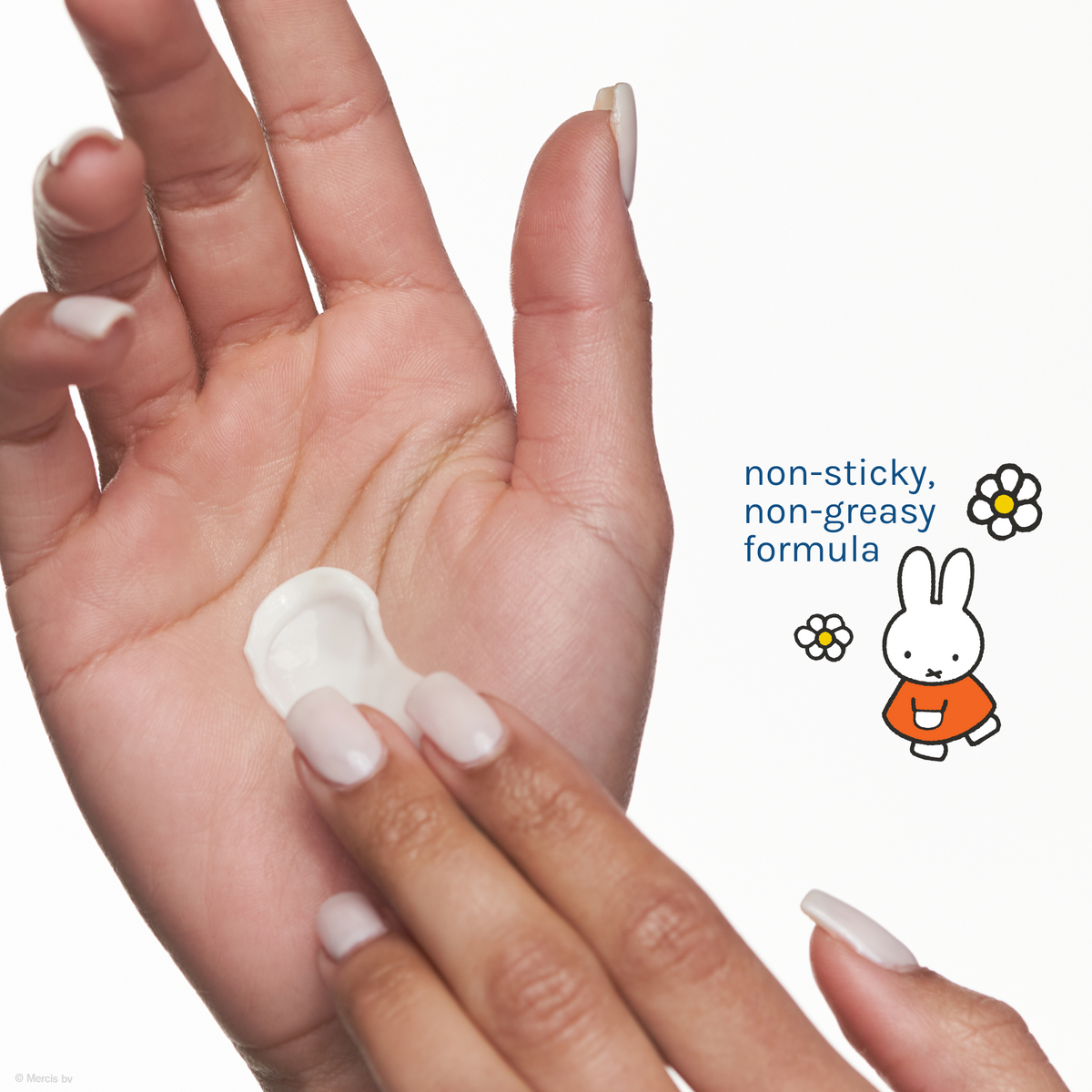 Miffy Sweet Wonder Body Lotion — lotion on a palm with non-greasy formula information