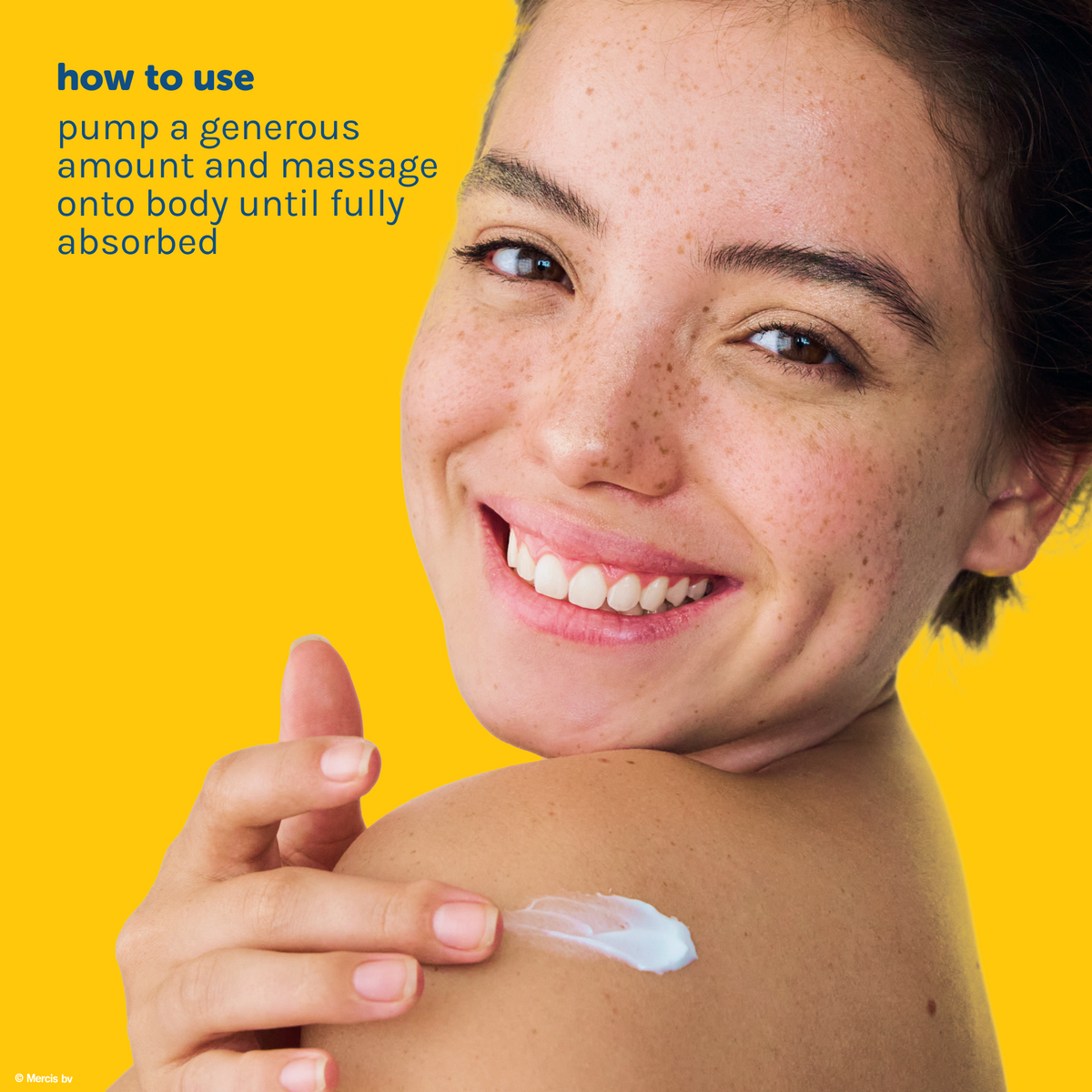 Miffy Sweet Wonder Body Lotion — model applying lotion to her shoulder with massage directions