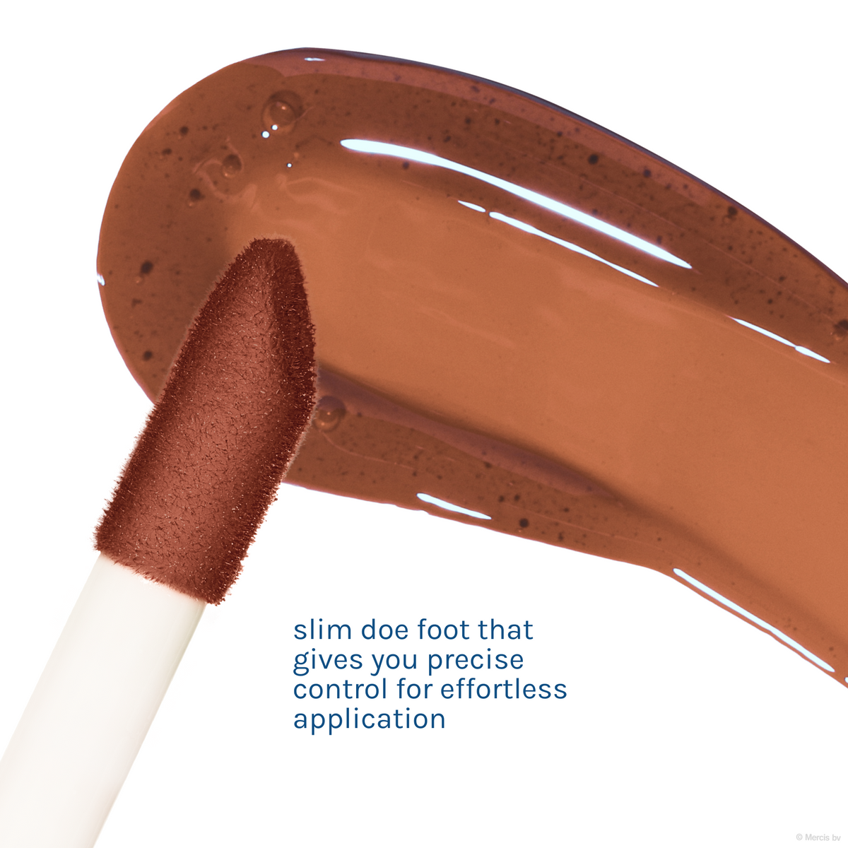 Miffy Tinted Lip Oil — Cocoa Cutie — slim doe-foot applicator beside a brown lip oil swatch