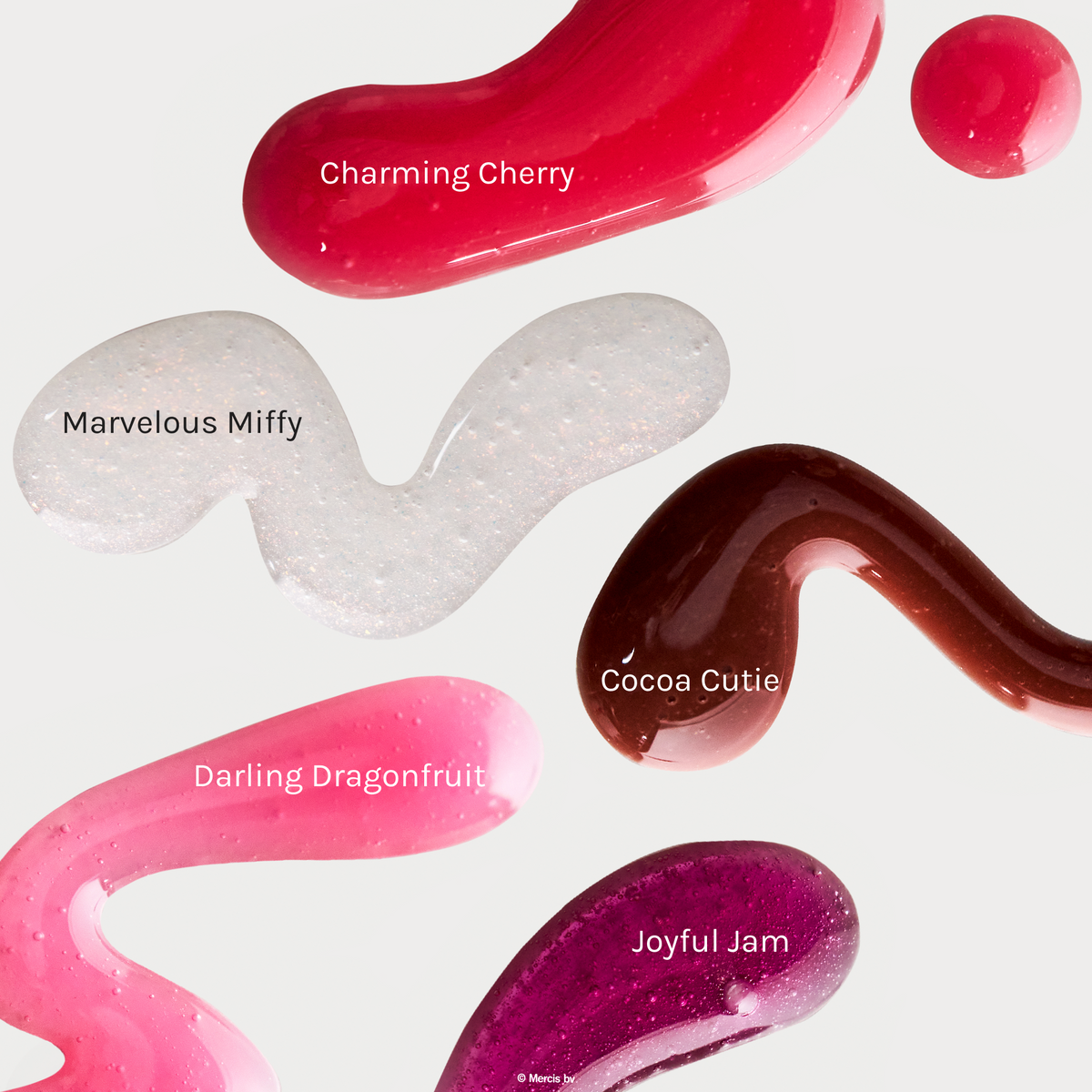 Miffy Tinted Lip Oil — five Miffy lip oil shades shown as labeled swatches