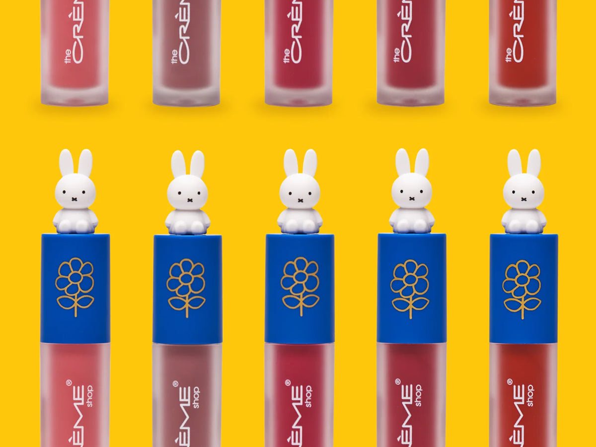 Five Miffy Glossy Lip Stain shades on a yellow background