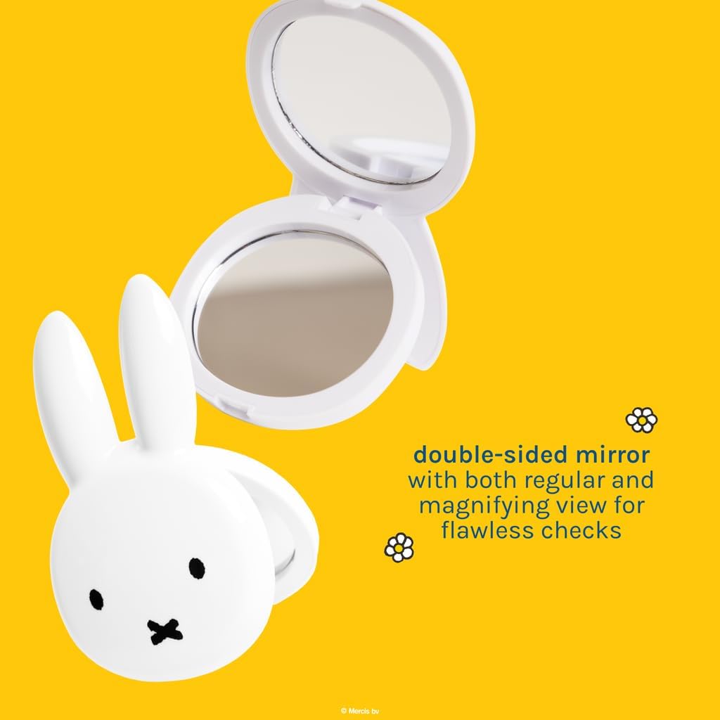 Miffy On-the-Go Compact Mirror — open and closed Miffy compacts with regular and magnifying mirror information