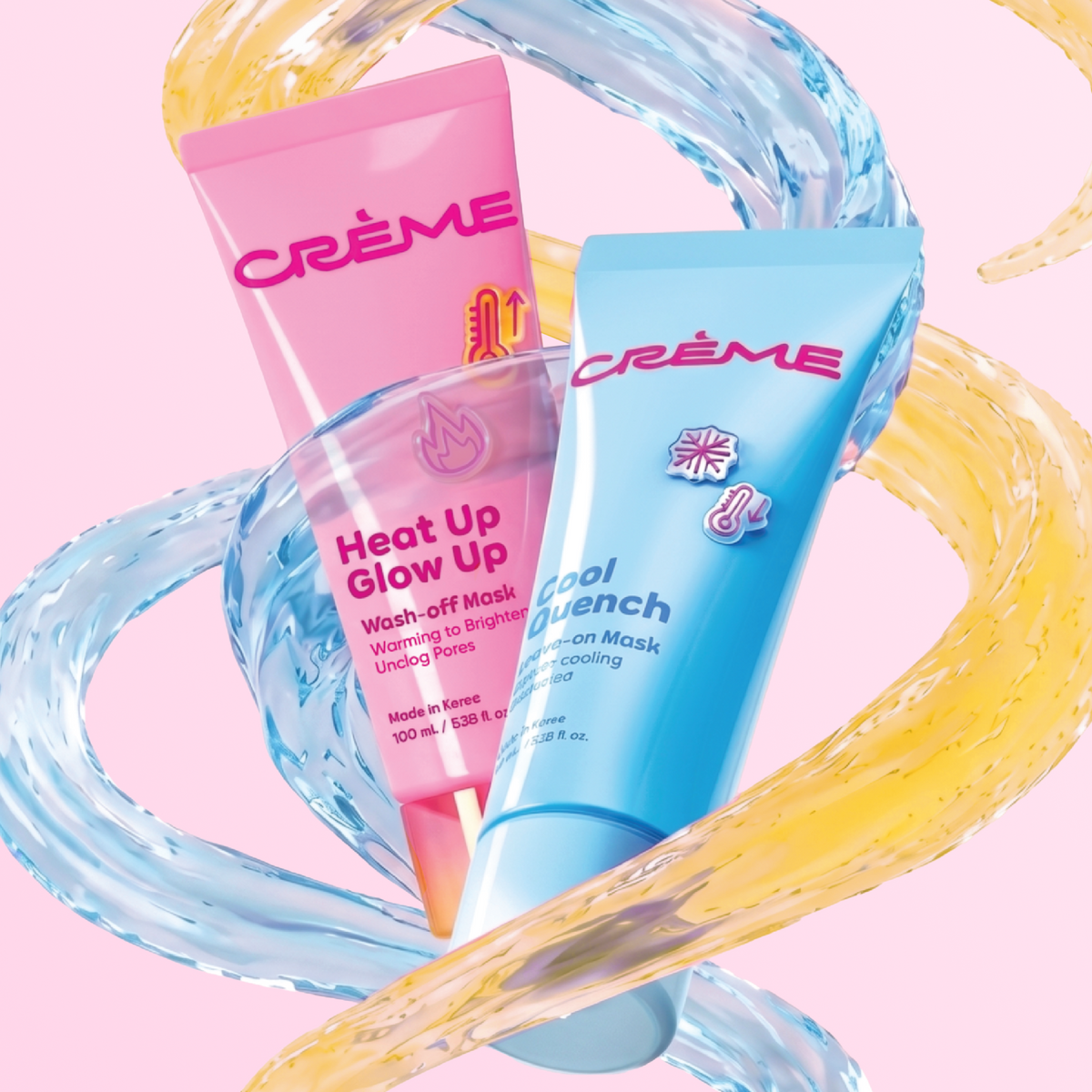 Cool Quench Leave On Mask — paired with the pink Heat Up, Glow Up mask