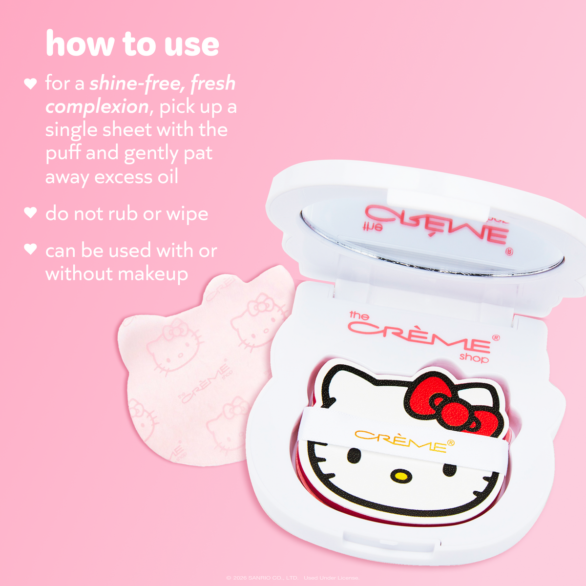 Hello Kitty Green Tea Blotting Paper — instructions to pick up a sheet and gently pat away excess oil