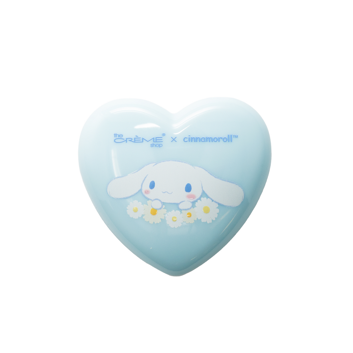 Cinnamoroll Dream Daisy Compact Mirror — closed blue heart-shaped compact with Cinnamoroll and daisy artwork