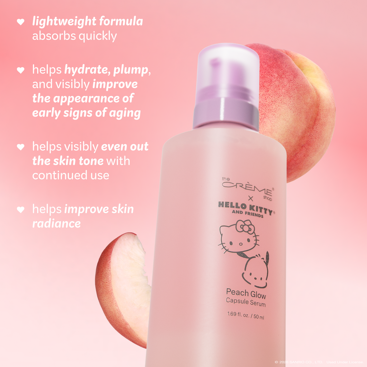 Hello Kitty & Friends Peach Glow Capsule Serum — serum bottle and peaches with formula benefits