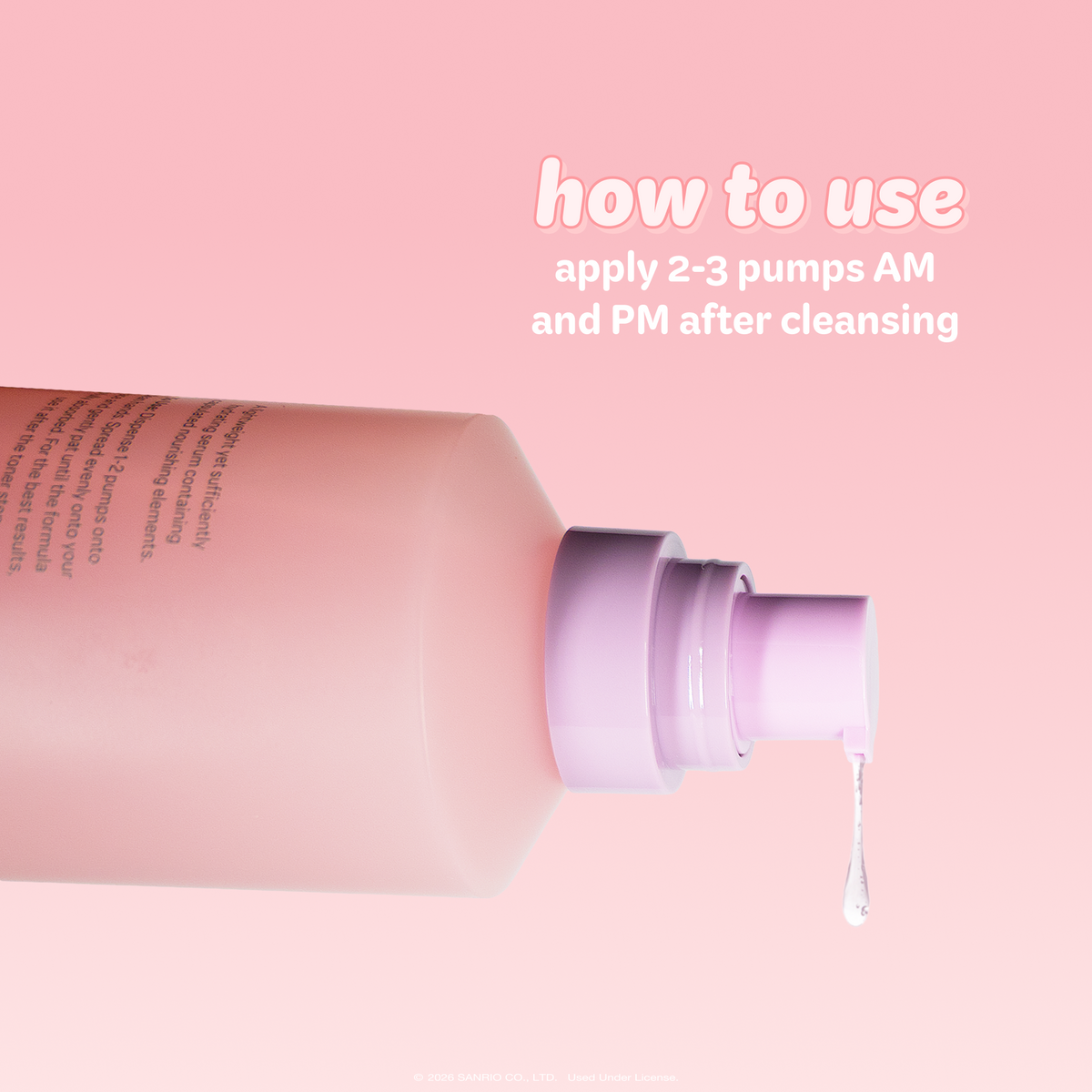 Hello Kitty & Friends Peach Glow Capsule Serum — pump dispensing serum with directions to apply after cleansing
