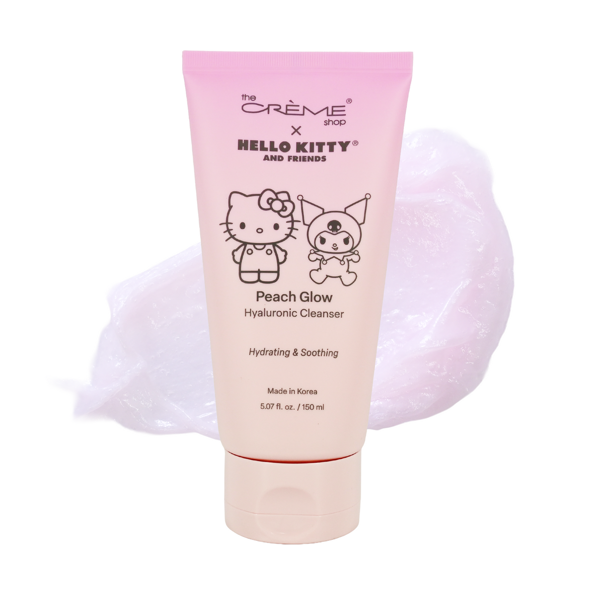 Hello Kitty & Friends Peach Glow Hyaluronic Foaming Cleanser — pink cleanser tube with a foamy texture swatch