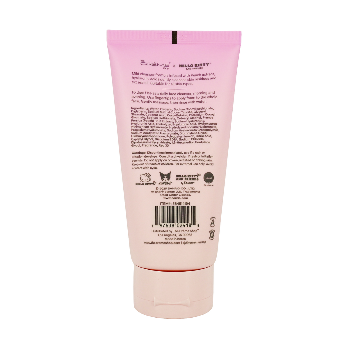 Hello Kitty & Friends Peach Glow Hyaluronic Foaming Cleanser — back of the tube with ingredients and directions