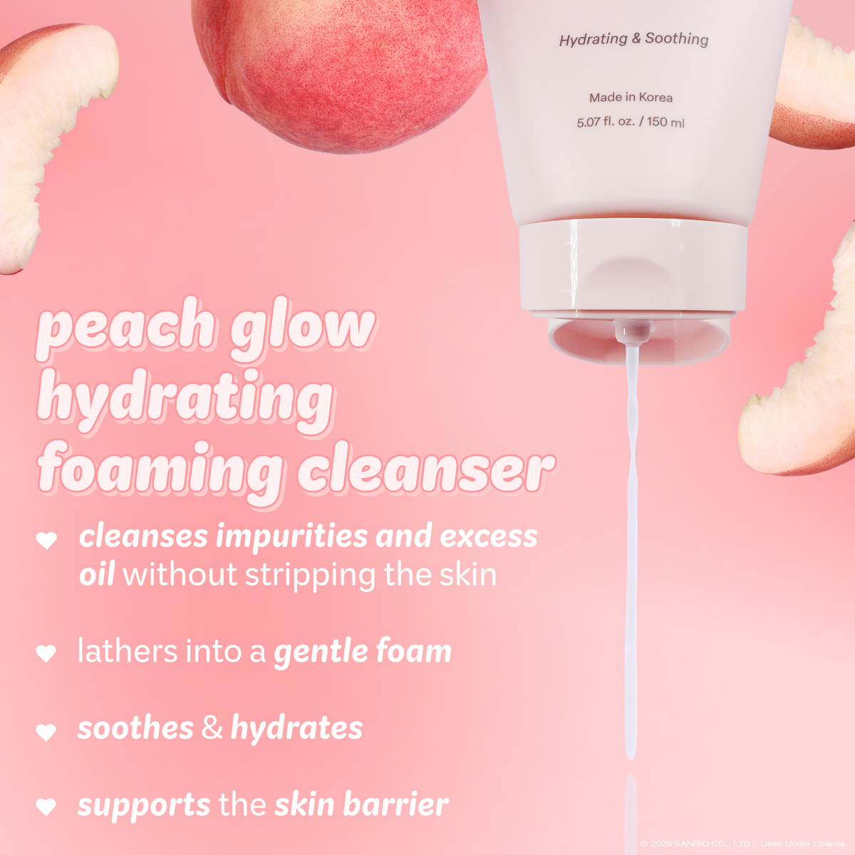 Hello Kitty & Friends Peach Glow Hyaluronic Foaming Cleanser — cleanser and peach imagery with product benefits