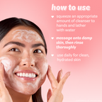 Hello Kitty & Friends Peach Glow Hyaluronic Foaming Cleanser — model applying foaming cleanser with use instructions
