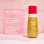 Tropic Lush Shimmering Body Oil — bottle with information about the lightweight shimmering formula