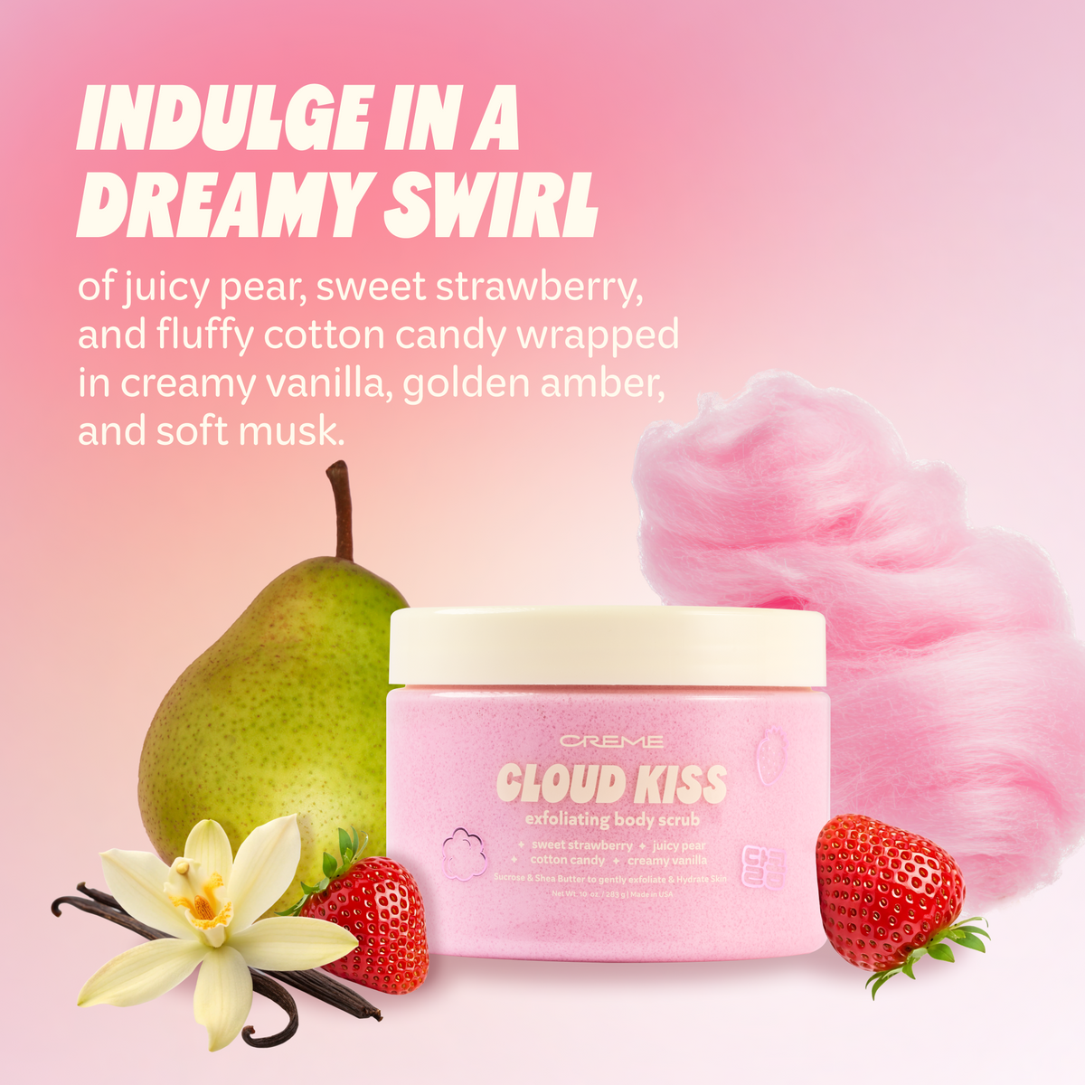 Cloud Kiss Exfoliating Body Scrub — jar with pear, strawberry, vanilla and cotton candy fragrance imagery