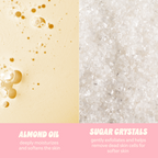 Cloud Kiss Exfoliating Body Scrub — almond oil and sugar crystal ingredient graphic