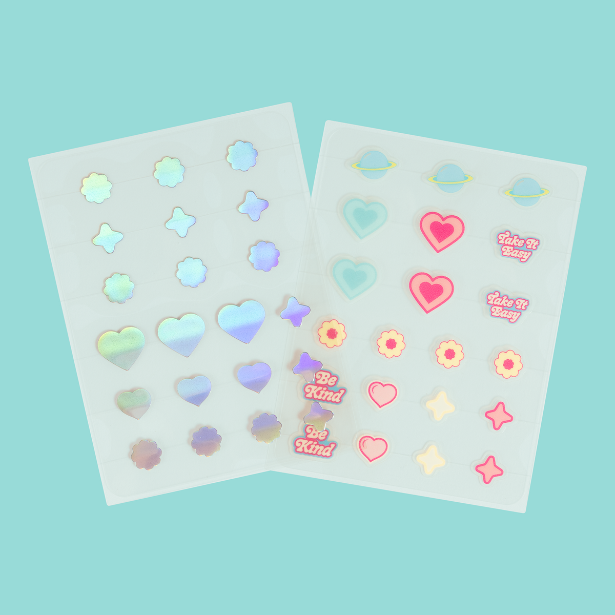 Totally Clear Blemish Patches — two sheets of colorful heart, flower and star blemish patches