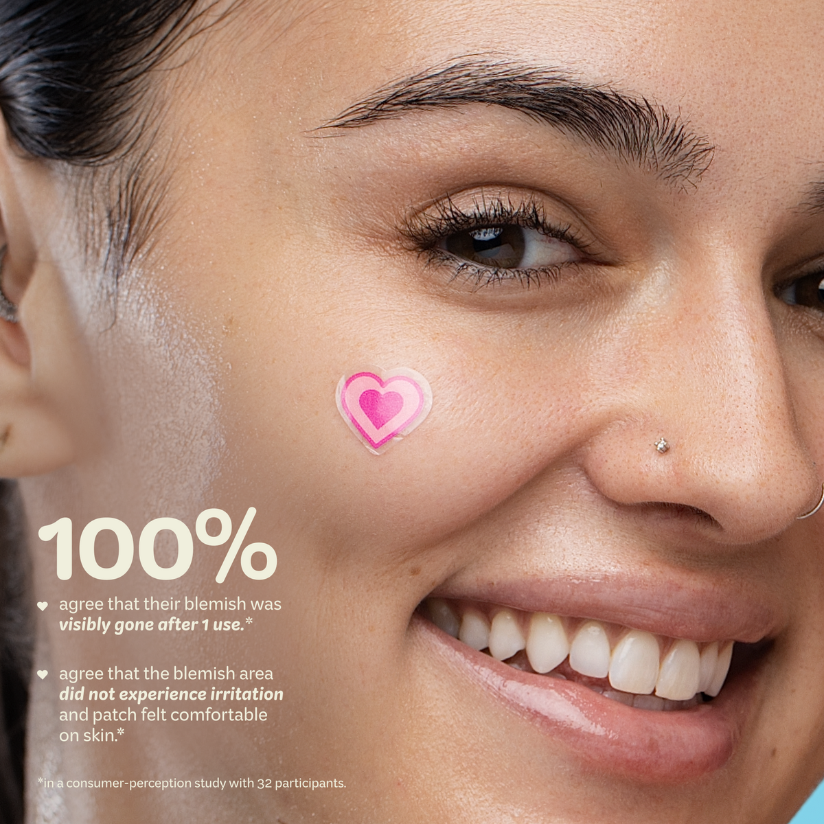 Totally Clear Blemish Patches — model wearing a heart patch with study results