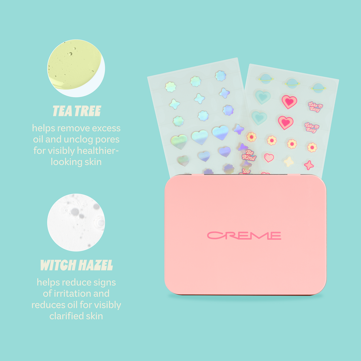 Totally Clear Blemish Patches — patch sheets and tin with tea tree and witch hazel ingredient graphic