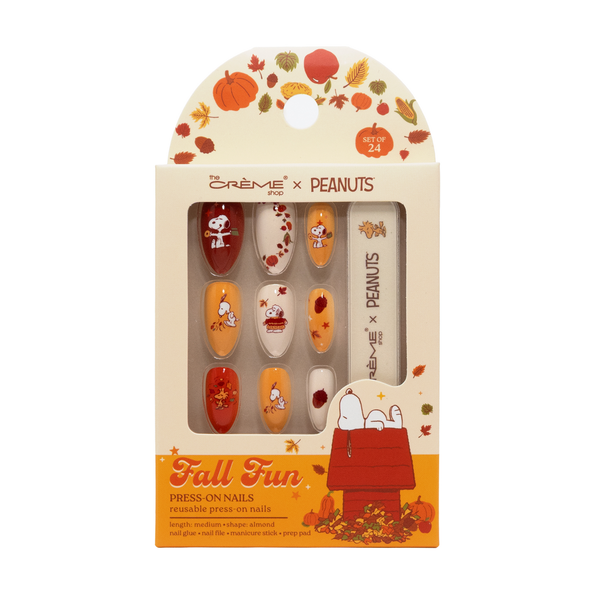 Peanuts Fall Fun Almond Press-On Nails — front of the Snoopy Fall Fun press-on nail box