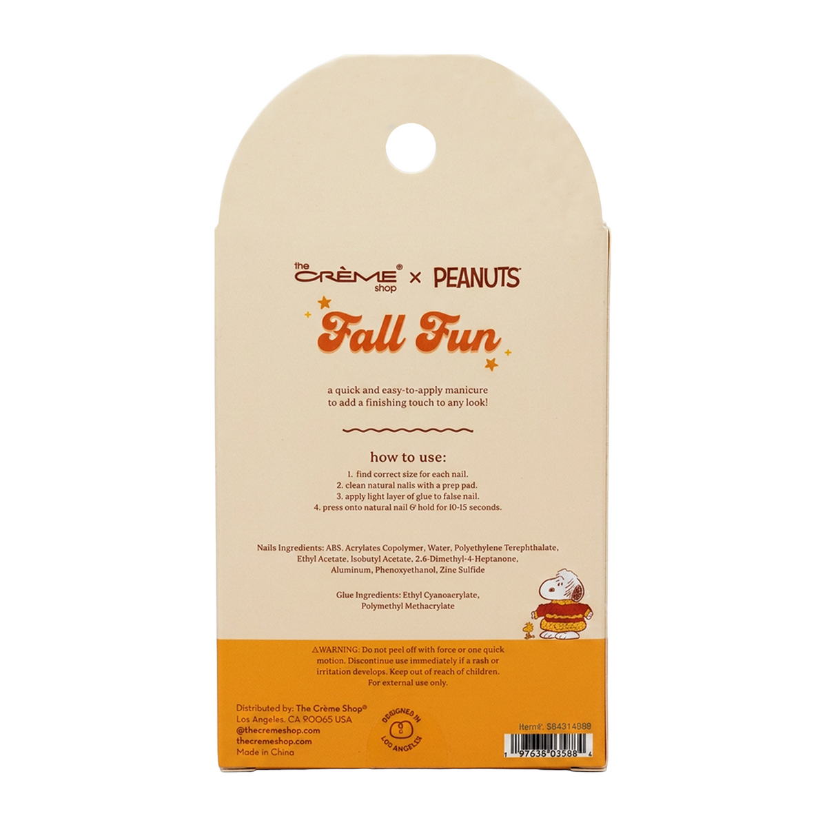 Peanuts Fall Fun Almond Press-On Nails — back of the box with product information