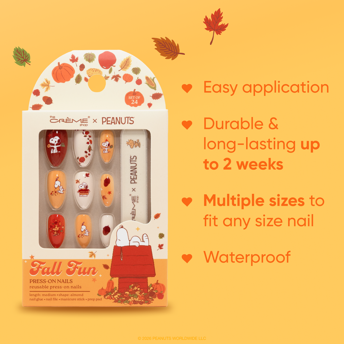 Peanuts Fall Fun Almond Press-On Nails — nail box with application and wear features