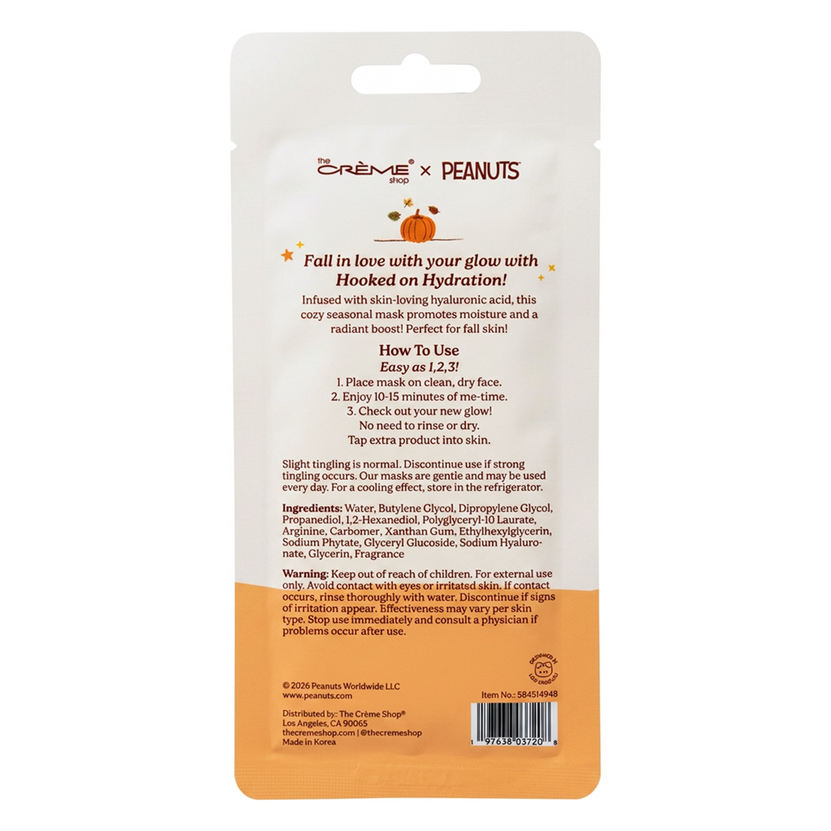 Peanuts Great Pumpkin Hydrating Sheet Mask — back of the pouch with ingredients and directions