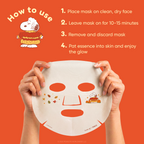 Peanuts Great Pumpkin Hydrating Sheet Mask — hands holding the printed Snoopy mask with 10–15 minute application steps
