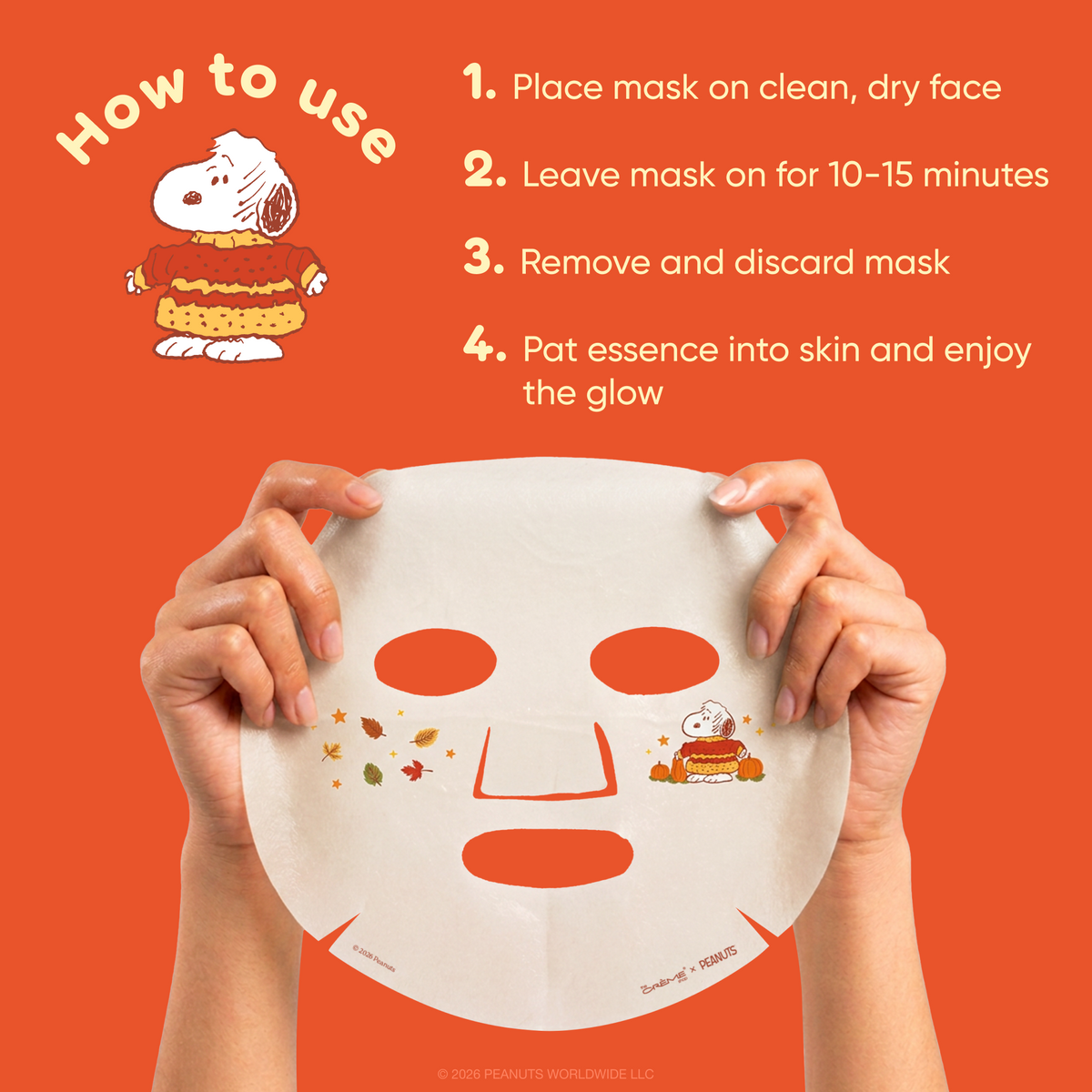 Peanuts Great Pumpkin Hydrating Sheet Mask — hands holding the printed Snoopy mask with 10–15 minute application steps