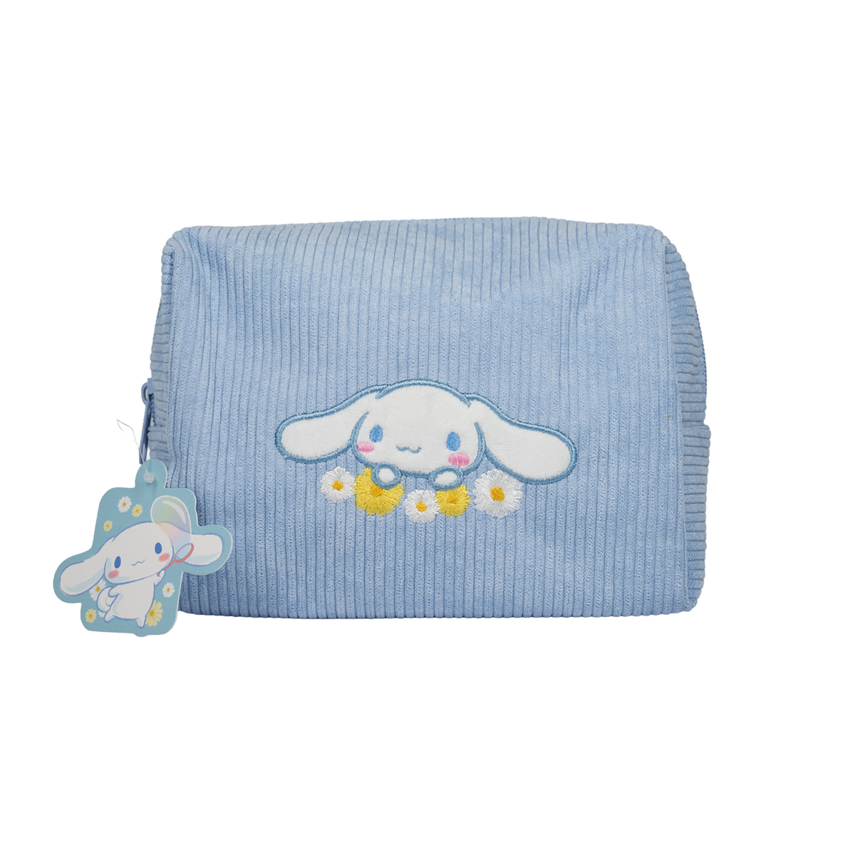Cinnamoroll Dream Daisy Makeup Bag — front of the blue ribbed makeup bag with Cinnamoroll and daisy embroidery