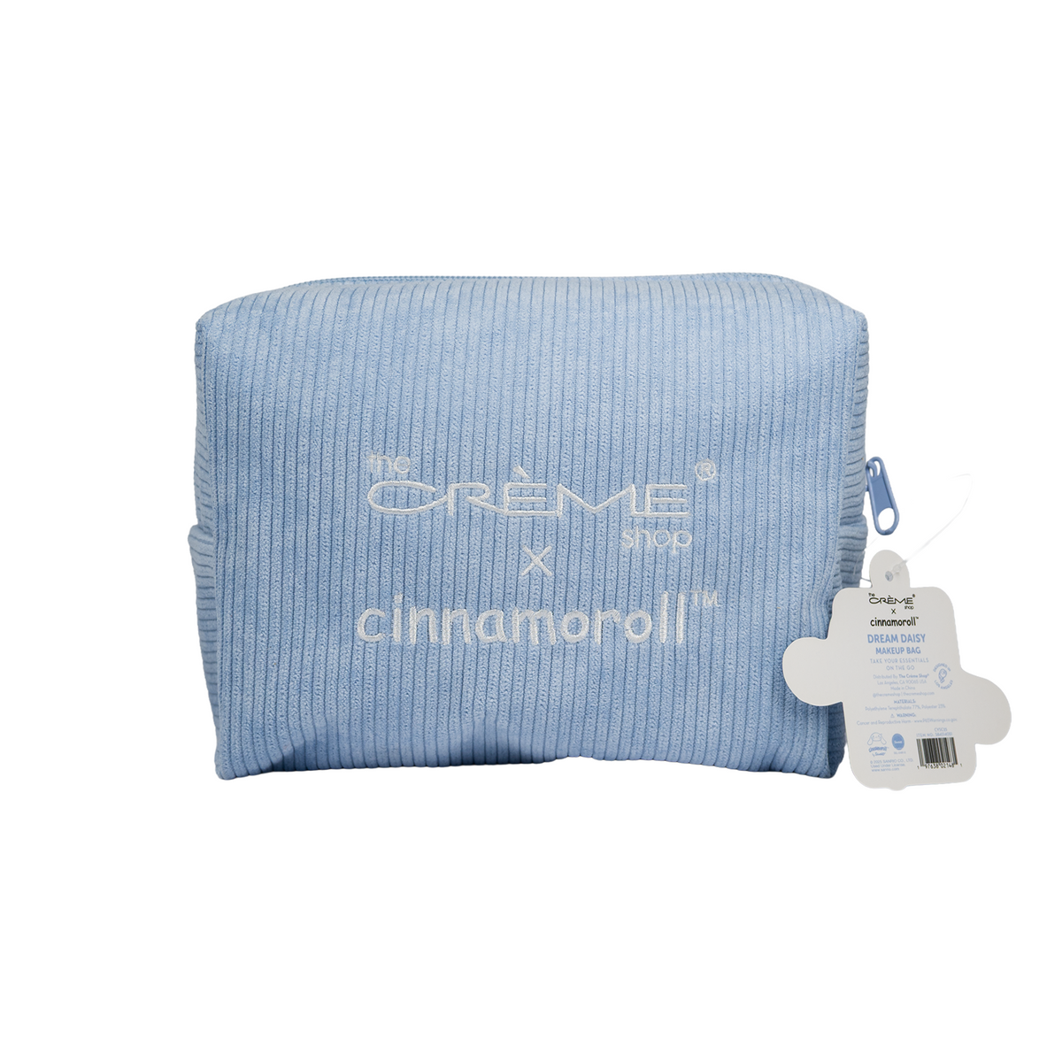 Cinnamoroll Dream Daisy Makeup Bag — back of the bag with The Crème Shop and Cinnamoroll embroidery