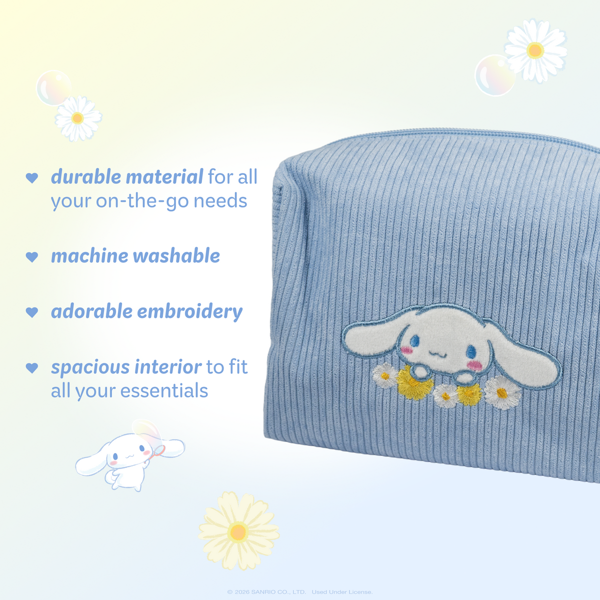 Cinnamoroll Dream Daisy Makeup Bag — blue bag with material, washing and storage features