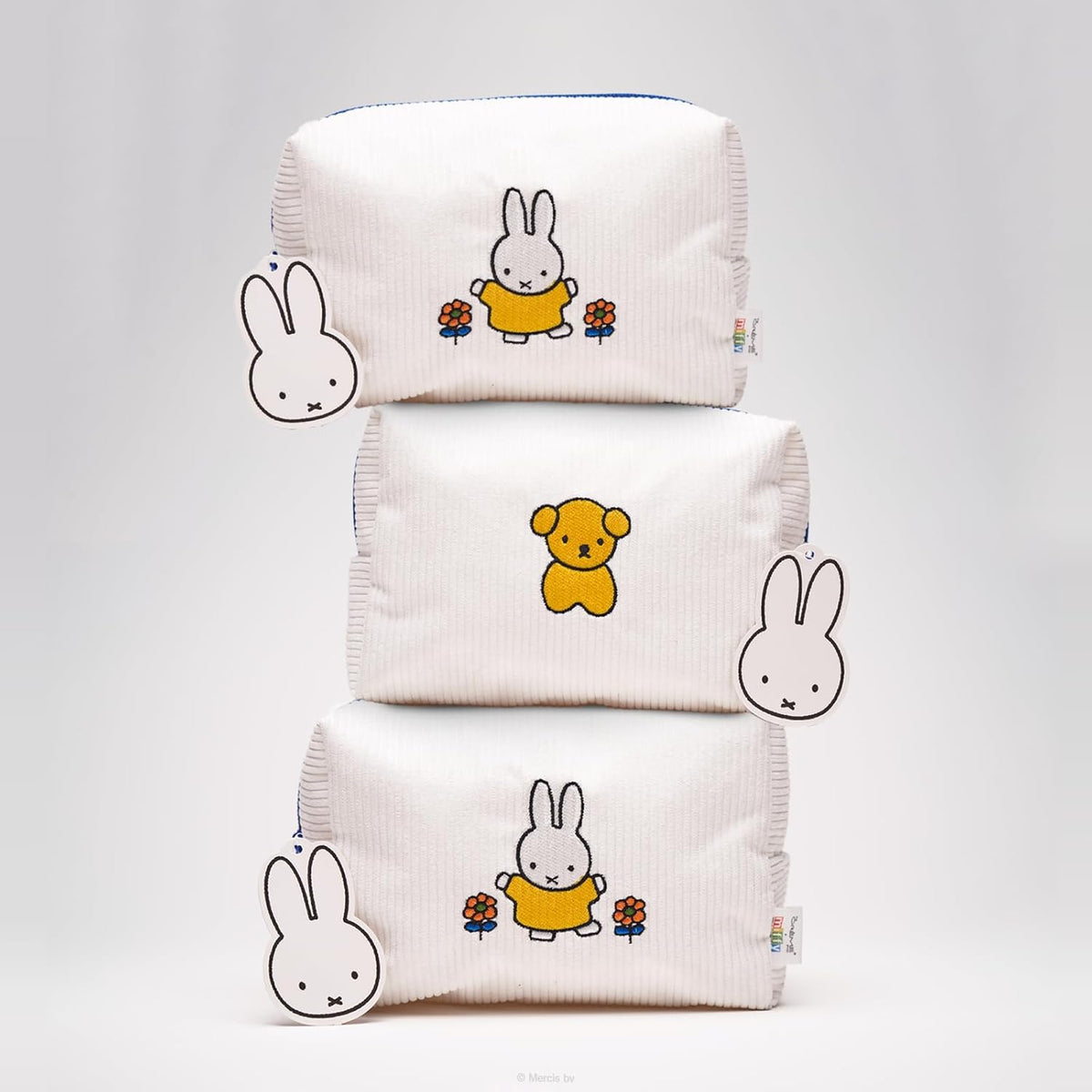 Miffy Perfect Travel Makeup Bag — three white makeup bags stacked to show both embroidered designs