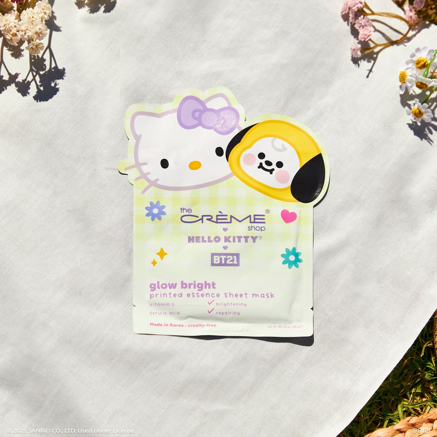 Hello Kitty & BT21 Glow Bright Printed Essence Sheet Mask with Vitamin C & Ferulic Acid, $4