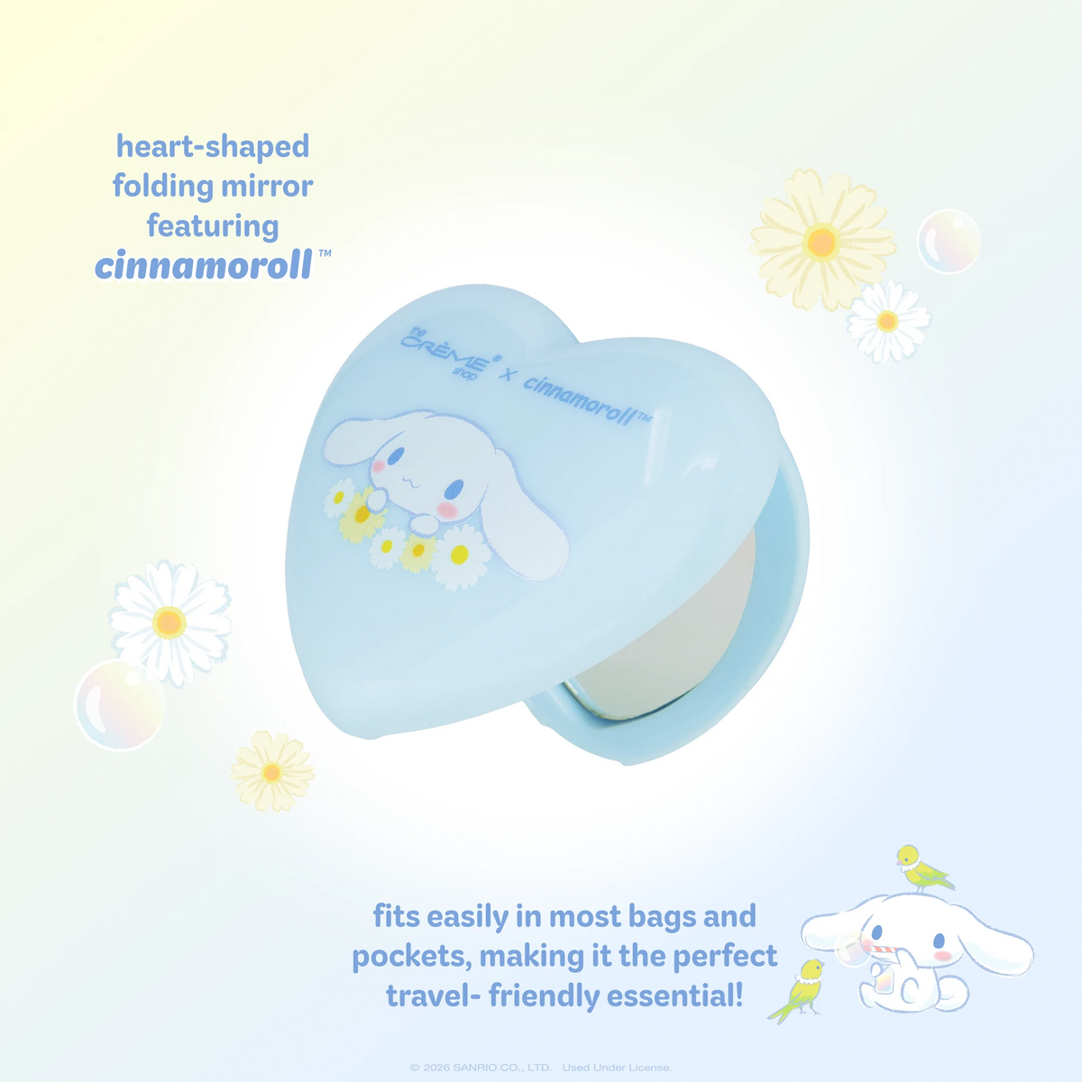 Cinnamoroll Dream Daisy Compact Mirror — partly open heart-shaped compact showing its portable design