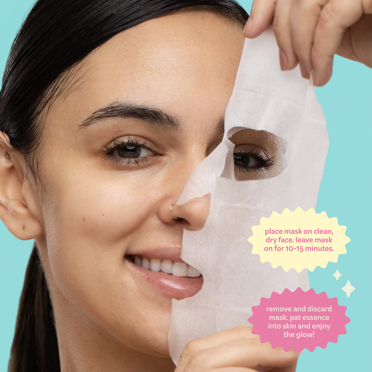 Hydrating Glow Check Mask — model wearing a sheet mask with 10–15 minute application directions