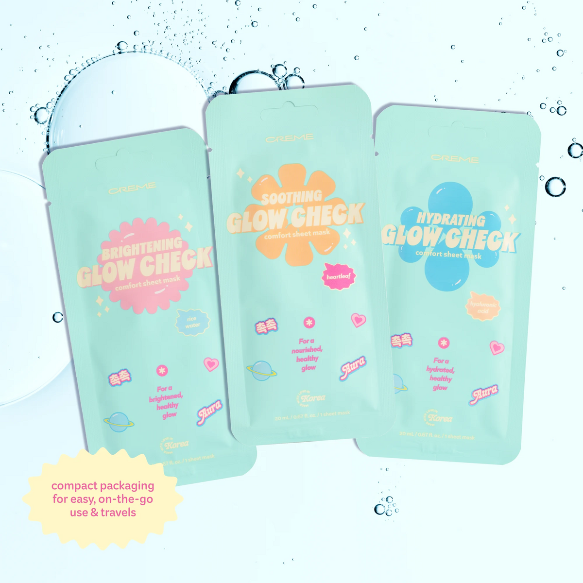 Hydrating Glow Check Mask — three Glow Check mask pouches with water splash