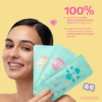 Soothing Glow Check Mask — model holding Glow Check masks with study results