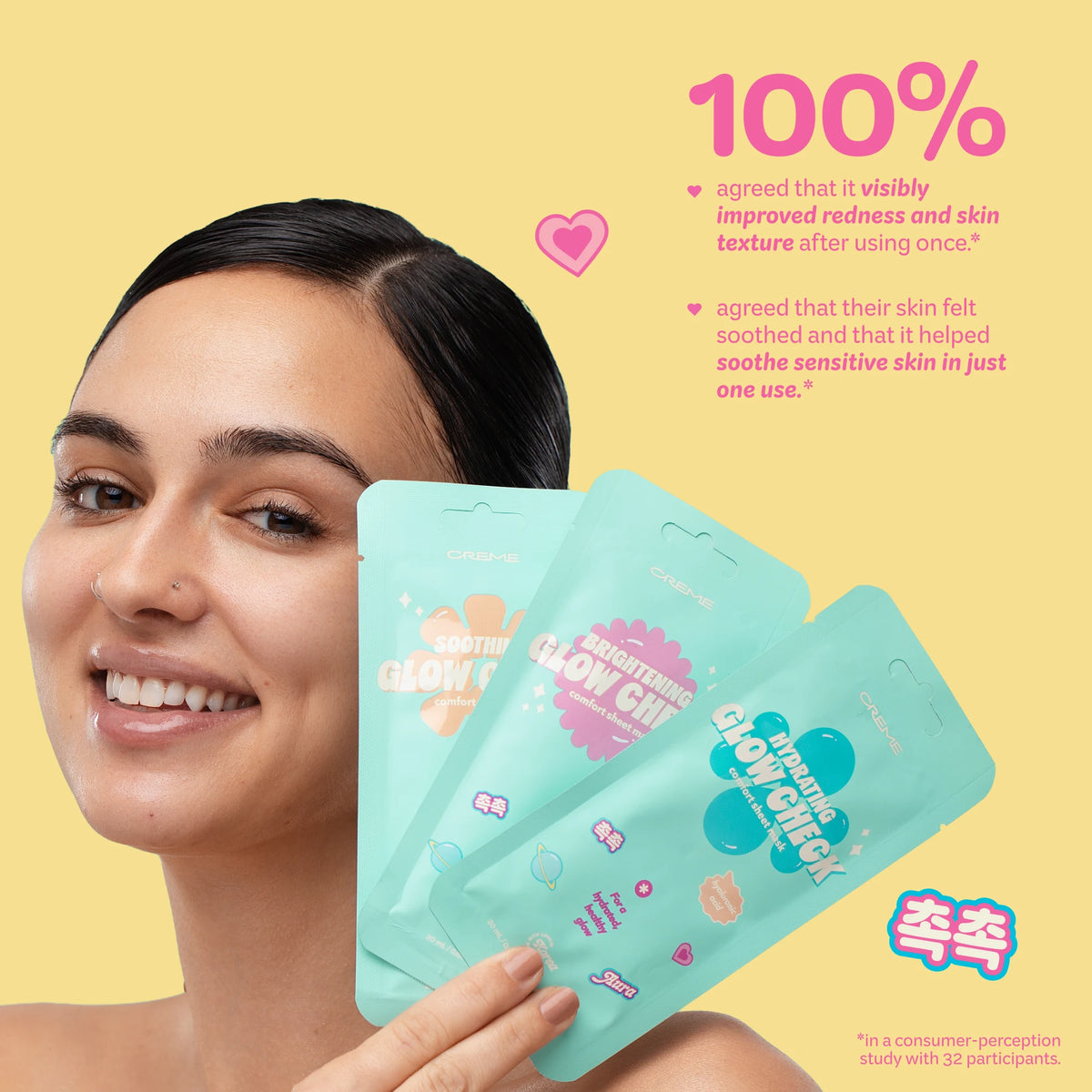 Soothing Glow Check Mask — model holding Glow Check masks with study results