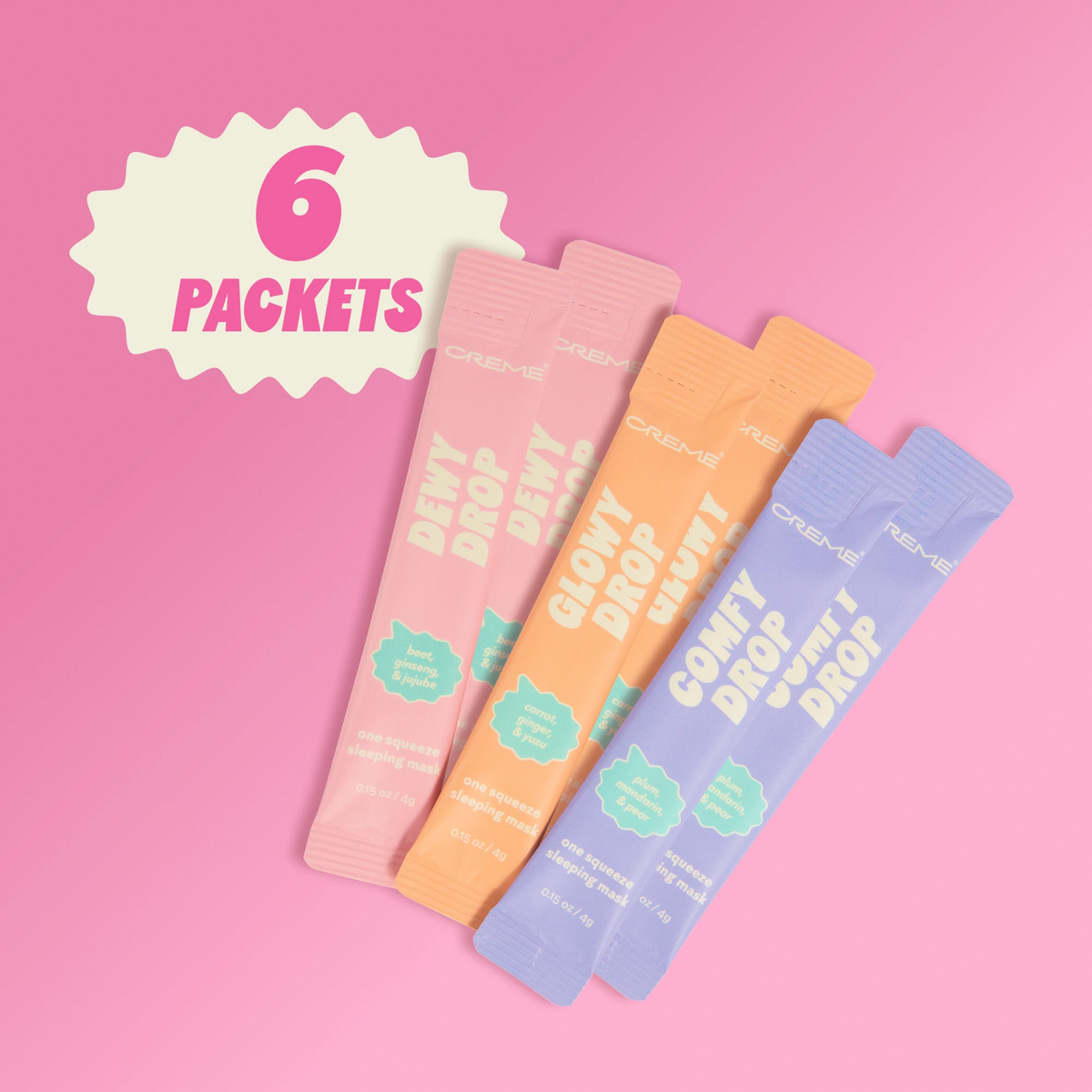 Hydration Station Sleeping Mask Variety Pack — six Dewy Drop, Glowy Drop and Comfy Drop sachets