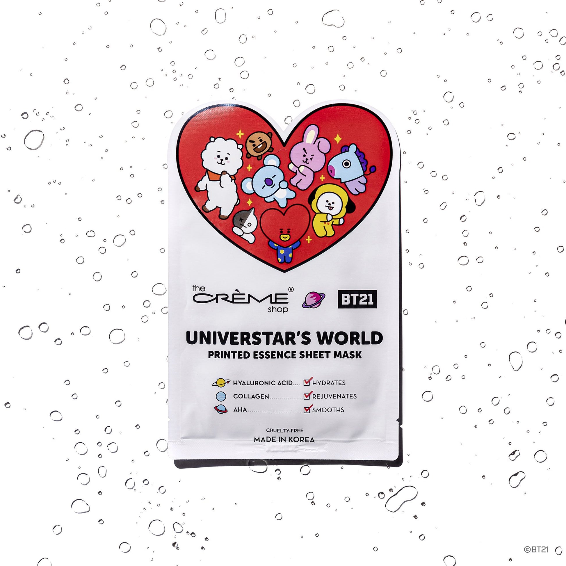 UNIVERSTAR’S WORLD Printed Essence Sheet Mask - Infused with Hyaluronic Acid, Collagen, AHA Sheet masks The Crème Shop x BT21 