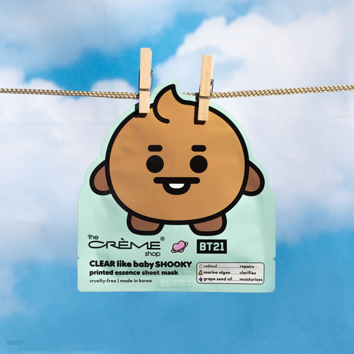 CLEAR Like Baby SHOOKY Printed Essence Sheet Mask (Retinol, Marine Algae, Grape Seed Oil) Sheet masks The Crème Shop x BT21 BABY 